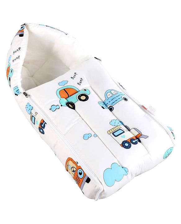 Babyhug 100% Cotton Baby Sleeping Bag with Hood Transport Print - Beige| Use as Carry Nest, Mattress or Sleeping Bag| Newborn to Toddler Boys & Girls| Newborn Gifting| Warm & Cozy| Travel Friendly