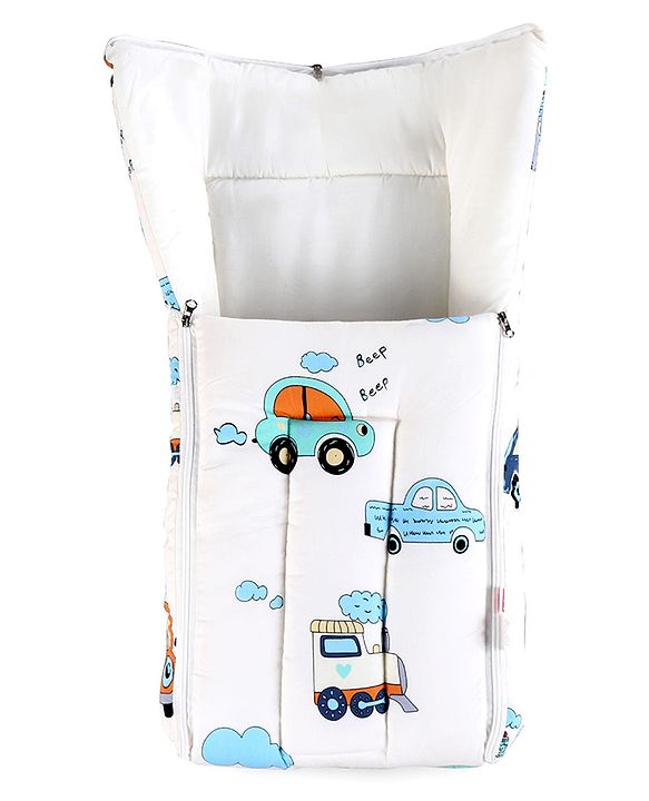 Babyhug 100% Cotton Baby Sleeping Bag with Hood Transport Print - Beige| Use as Carry Nest, Mattress or Sleeping Bag| Newborn to Toddler Boys & Girls| Newborn Gifting| Warm & Cozy| Travel Friendly