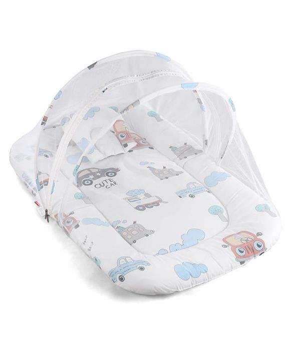 Babyhug 100% Cotton Baby Mattress with Mosquito Net Transport Print - Beige| Soft and Comfortable| Easy Access| Foldable & Travel Friendly| Newborn Gifting Option| Use on Floor Cribs Cots or Cradle
