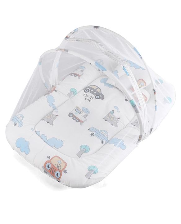 Babyhug 100% Cotton Baby Mattress with Mosquito Net Transport Print - Beige| Soft and Comfortable| Easy Access| Foldable & Travel Friendly| Newborn Gifting Option| Use on Floor Cribs Cots or Cradle