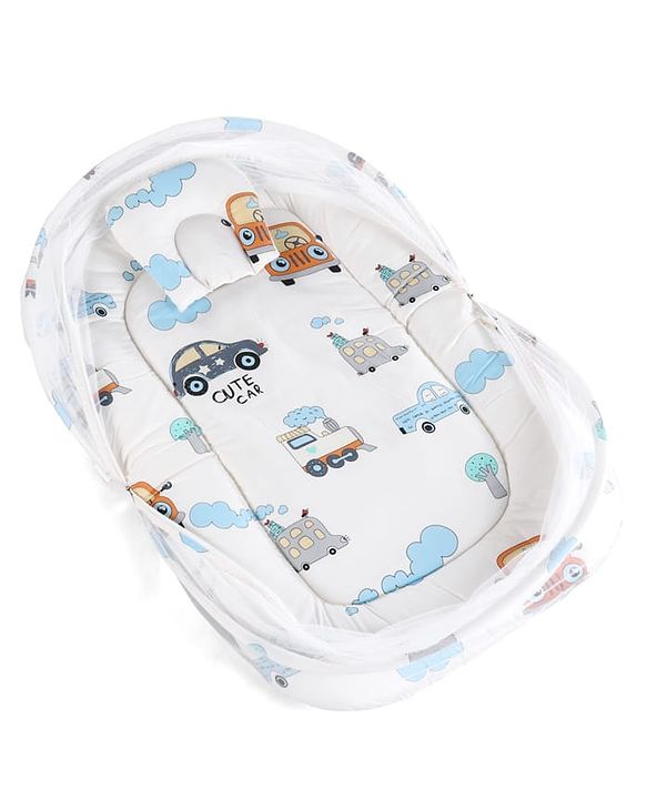 Babyhug 100% Cotton Baby Mattress with Mosquito Net Transport Print - Beige| Soft and Comfortable| Easy Access| Foldable & Travel Friendly| Newborn Gifting Option| Use on Floor Cribs Cots or Cradle