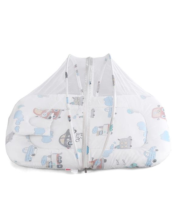 Babyhug 100% Cotton Baby Mattress with Mosquito Net Transport Print - Beige| Soft and Comfortable| Easy Access| Foldable & Travel Friendly| Newborn Gifting Option| Use on Floor Cribs Cots or Cradle