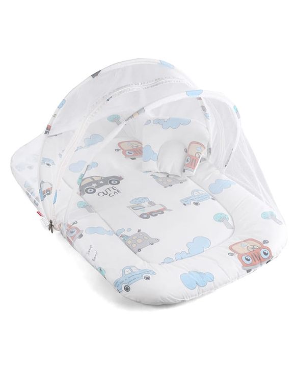 Babyhug 100% Cotton Baby Mattress with Mosquito Net Transport Print - Beige| Soft and Comfortable| Easy Access| Foldable & Travel Friendly| Newborn Gifting Option| Use on Floor Cribs Cots or Cradle