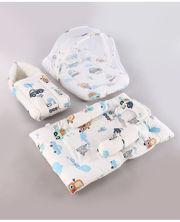 Babyhug Premium Super Saver Bedding Combo Set of 3 - Cute Car Print 100% Cotton| Pillows & Bolsters Included Lightweight & Travel Friendly Breathable Fabric Gifting Option for 0 to 6 Months - Beige