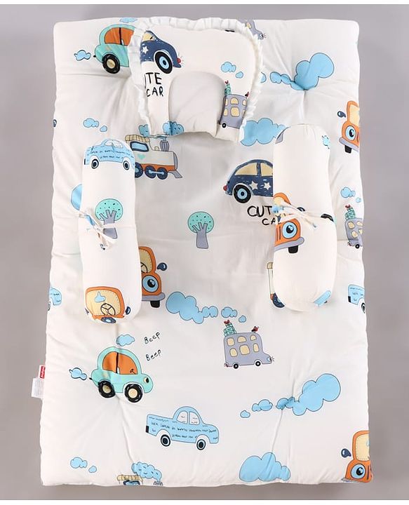 Babyhug Premium Super Saver Bedding Combo Set of 3 - Cute Car Print 100% Cotton| Pillows & Bolsters Included Lightweight & Travel Friendly Breathable Fabric Gifting Option for 0 to 6 Months - Beige