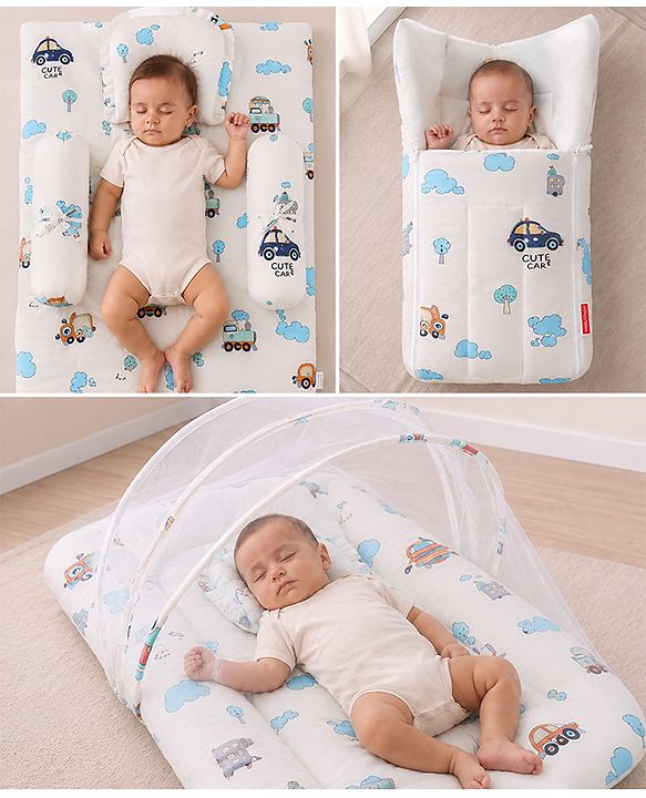 Babyhug Premium Super Saver Bedding Combo Set of 3 - Cute Car Print 100% Cotton| Pillows & Bolsters Included Lightweight & Travel Friendly Breathable Fabric Gifting Option for 0 to 6 Months - Beige
