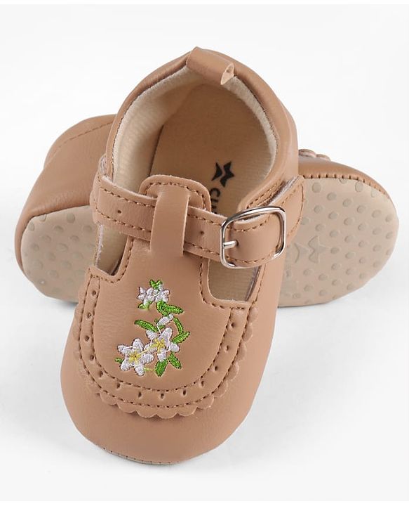 Cute Walk by Babyhug Velcro Closure Booties with Floral Embroidery - Beige