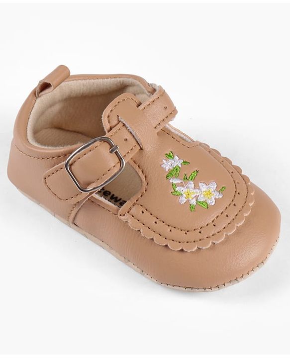 Cute Walk by Babyhug Velcro Closure Booties with Floral Embroidery - Beige