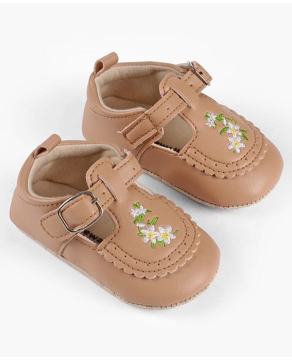 Cute Walk by Babyhug Velcro Closure Booties with Floral Embroidery - Beige