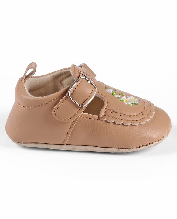 Cute Walk by Babyhug Velcro Closure Booties with Floral Embroidery - Beige