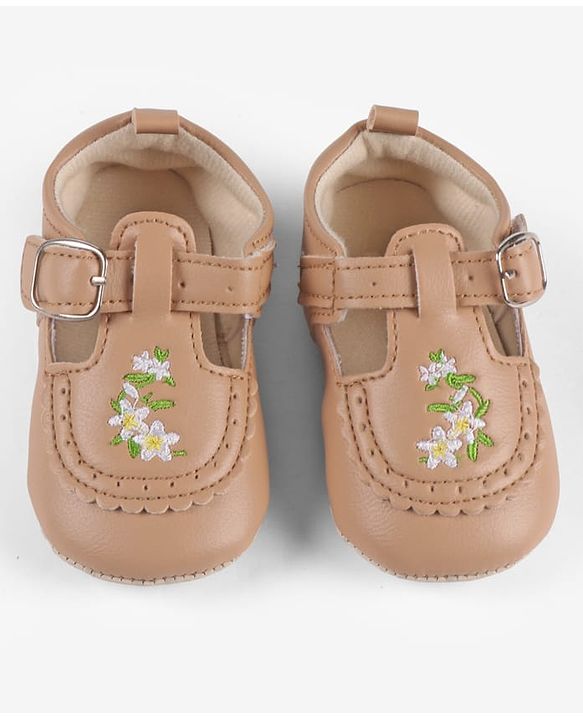 Cute Walk by Babyhug Velcro Closure Booties with Floral Embroidery - Beige