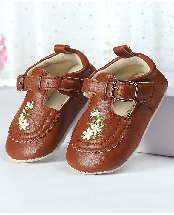 Cute Walk by Babyhug Velcro Closure Booties with Floral Embroidery - Beige
