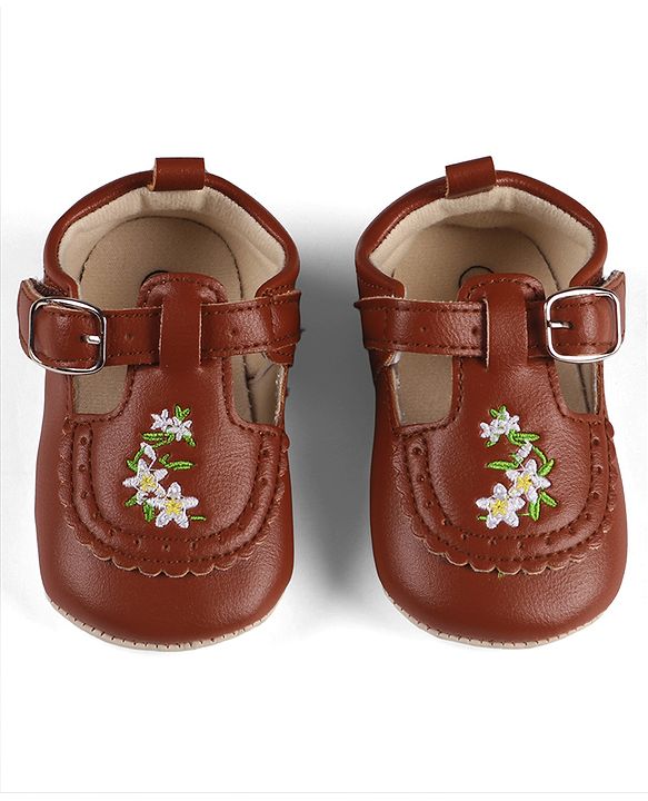 Cute Walk by Babyhug Velcro Closure Booties with Floral Embroidery - Beige