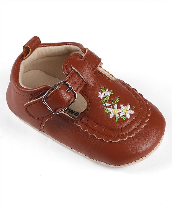 Cute Walk by Babyhug Velcro Closure Booties with Floral Embroidery - Beige