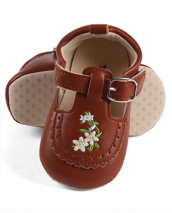 Cute Walk by Babyhug Velcro Closure Booties with Floral Embroidery - Beige