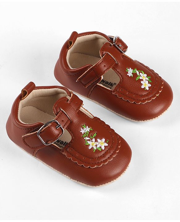 Cute Walk by Babyhug Velcro Closure Booties with Floral Embroidery - Beige