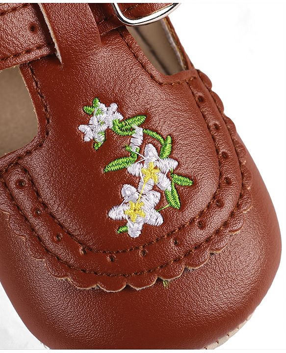 Cute Walk by Babyhug Velcro Closure Booties with Floral Embroidery - Beige