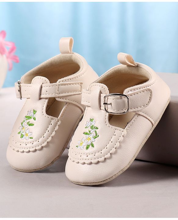 Cute Walk by Babyhug Velcro Closure Booties with Floral Embroidery - Beige