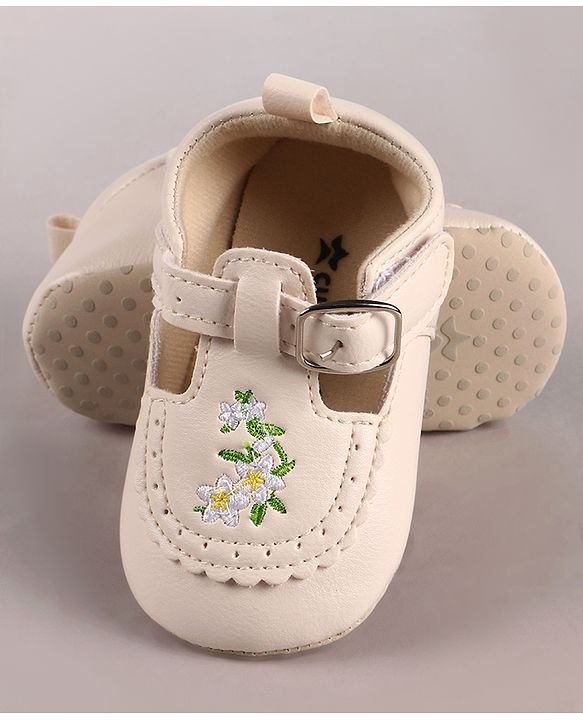 Cute Walk by Babyhug Velcro Closure Booties with Floral Embroidery - Beige