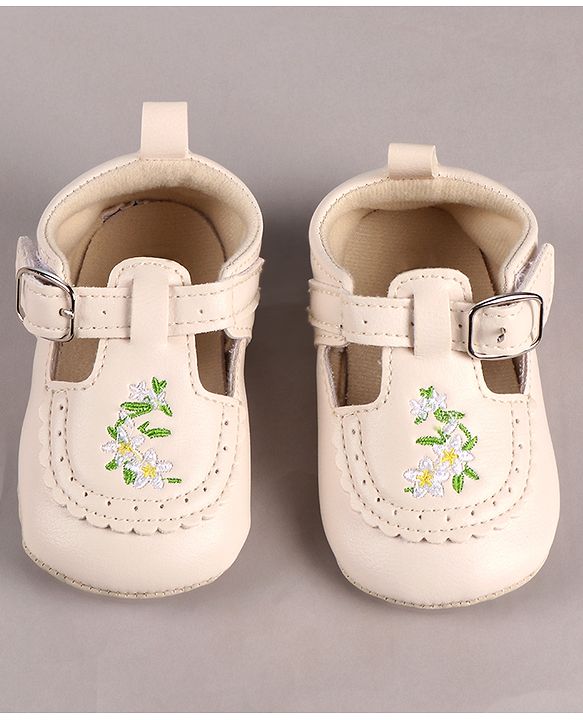 Cute Walk by Babyhug Velcro Closure Booties with Floral Embroidery - Beige