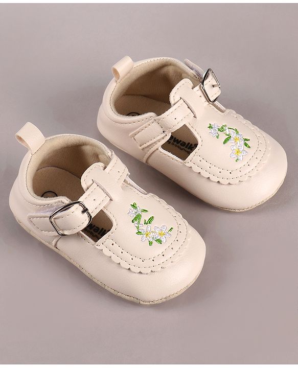 Cute Walk by Babyhug Velcro Closure Booties with Floral Embroidery - Beige