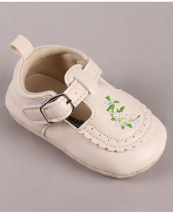 Cute Walk by Babyhug Velcro Closure Booties with Floral Embroidery - Beige