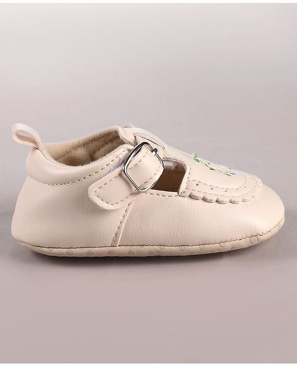Cute Walk by Babyhug Velcro Closure Booties with Floral Embroidery - Beige