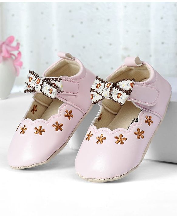 Cute Walk by Babyhug Velcro Closure Booties with Floral Embroidery & Bow Applique - Peach