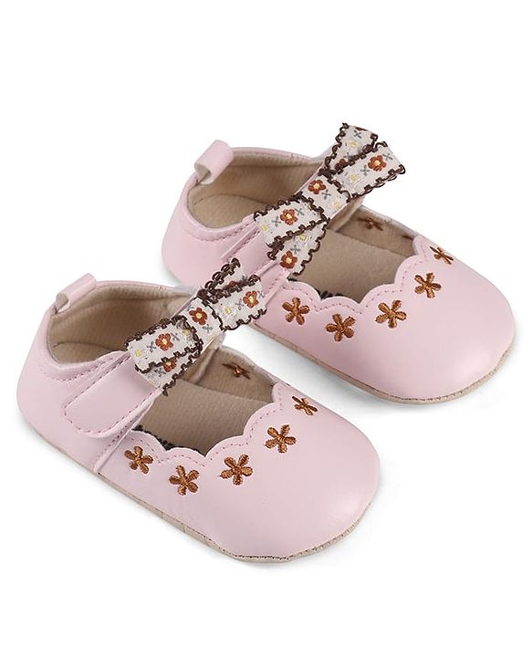Cute Walk by Babyhug Velcro Closure Booties with Floral Embroidery & Bow Applique - Peach