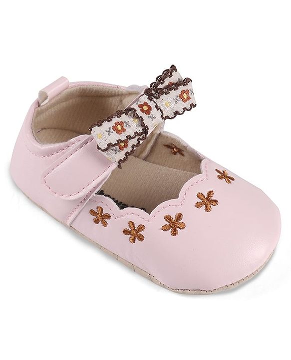 Cute Walk by Babyhug Velcro Closure Booties with Floral Embroidery & Bow Applique - Peach