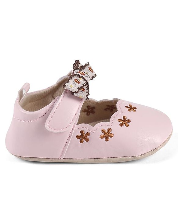 Cute Walk by Babyhug Velcro Closure Booties with Floral Embroidery & Bow Applique - Peach