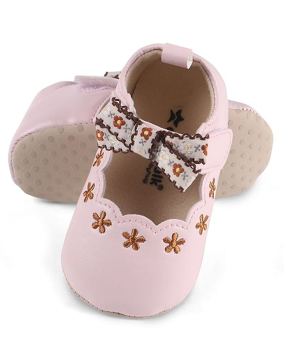 Cute Walk by Babyhug Velcro Closure Booties with Floral Embroidery & Bow Applique - Peach