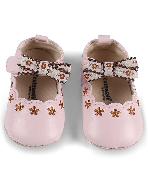 Cute Walk by Babyhug Velcro Closure Booties with Floral Embroidery & Bow Applique - Peach