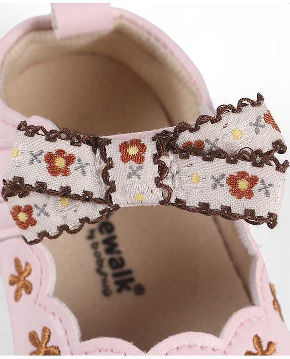 Cute Walk by Babyhug Velcro Closure Booties with Floral Embroidery & Bow Applique - Peach