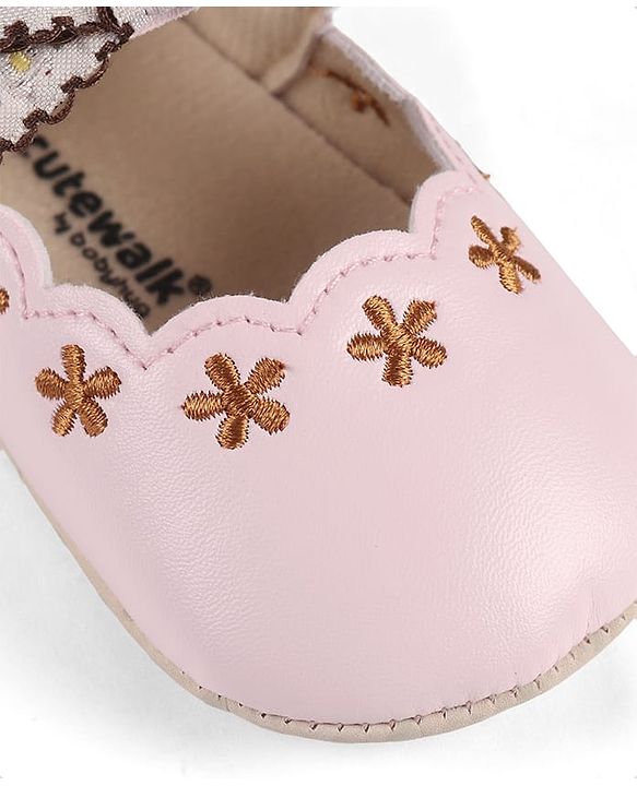 Cute Walk by Babyhug Velcro Closure Booties with Floral Embroidery & Bow Applique - Peach
