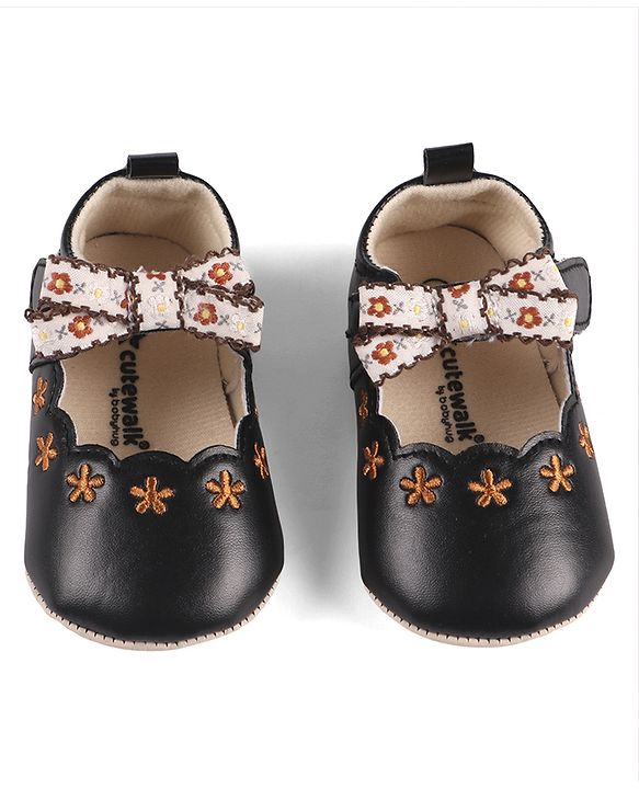 Cute Walk by Babyhug Velcro Closure Booties with Floral Embroidery & Bow Applique - Peach