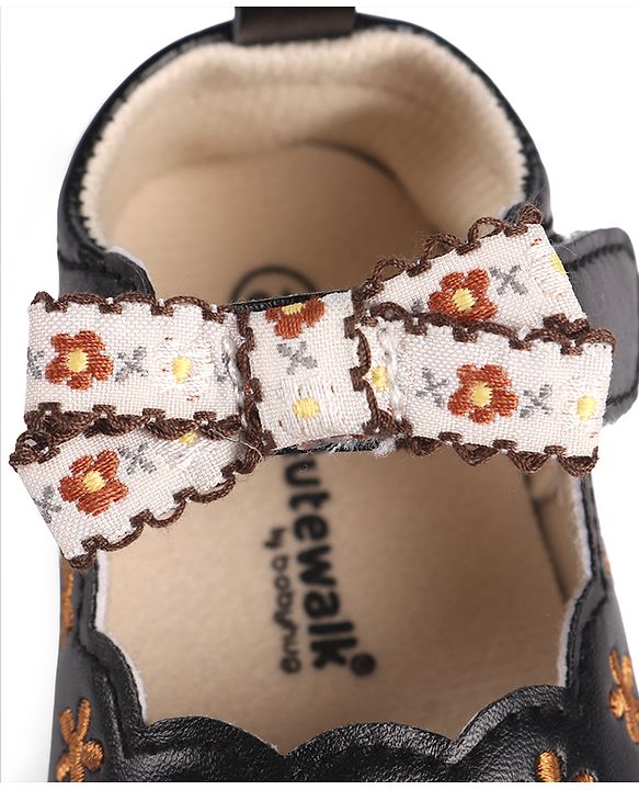 Cute Walk by Babyhug Velcro Closure Booties with Floral Embroidery & Bow Applique - Peach