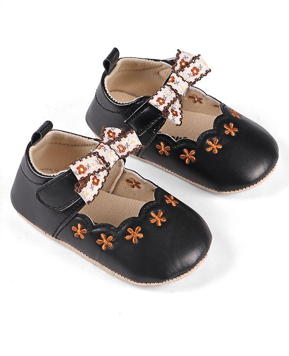 Cute Walk by Babyhug Velcro Closure Booties with Floral Embroidery & Bow Applique - Peach