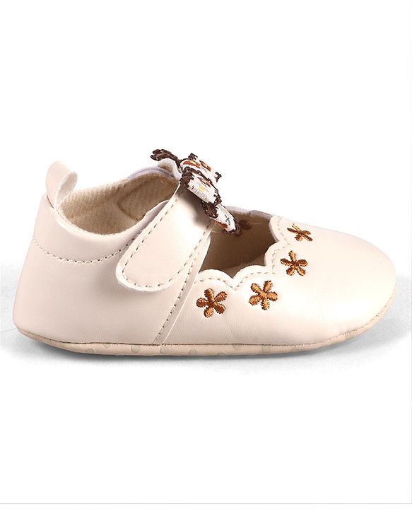 Cute Walk by Babyhug Velcro Closure Booties with Floral Embroidery & Bow Applique - Peach