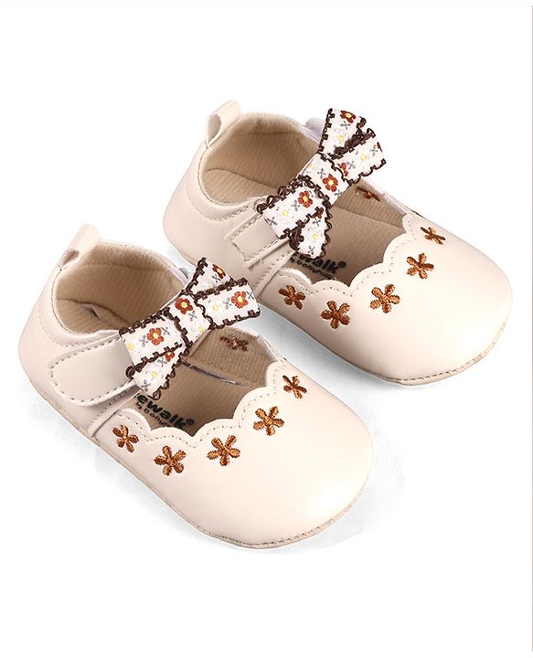 Cute Walk by Babyhug Velcro Closure Booties with Floral Embroidery & Bow Applique - Peach