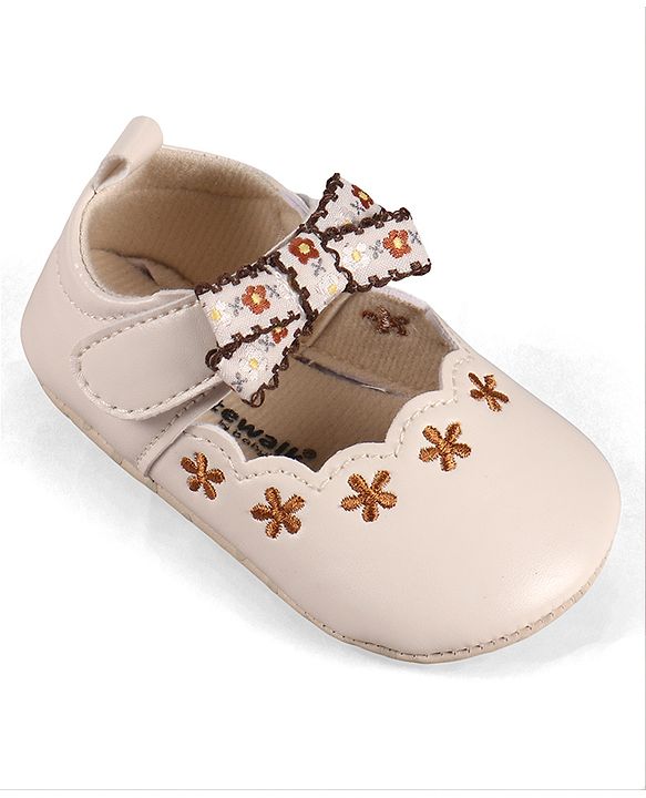Cute Walk by Babyhug Velcro Closure Booties with Floral Embroidery & Bow Applique - Peach