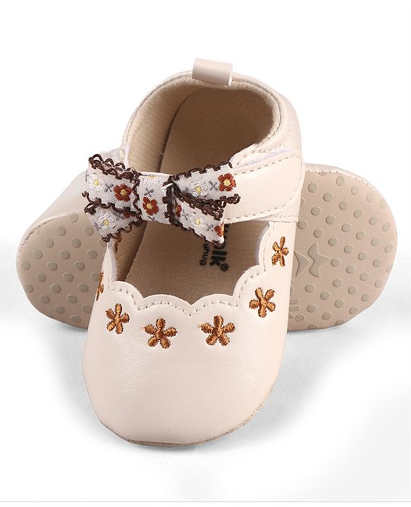 Cute Walk by Babyhug Velcro Closure Booties with Floral Embroidery & Bow Applique - Peach
