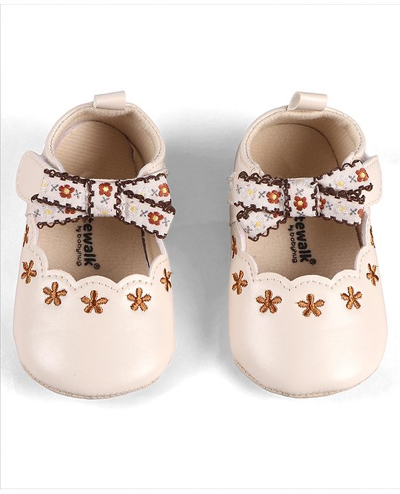 Cute Walk by Babyhug Velcro Closure Booties with Floral Embroidery & Bow Applique - Peach