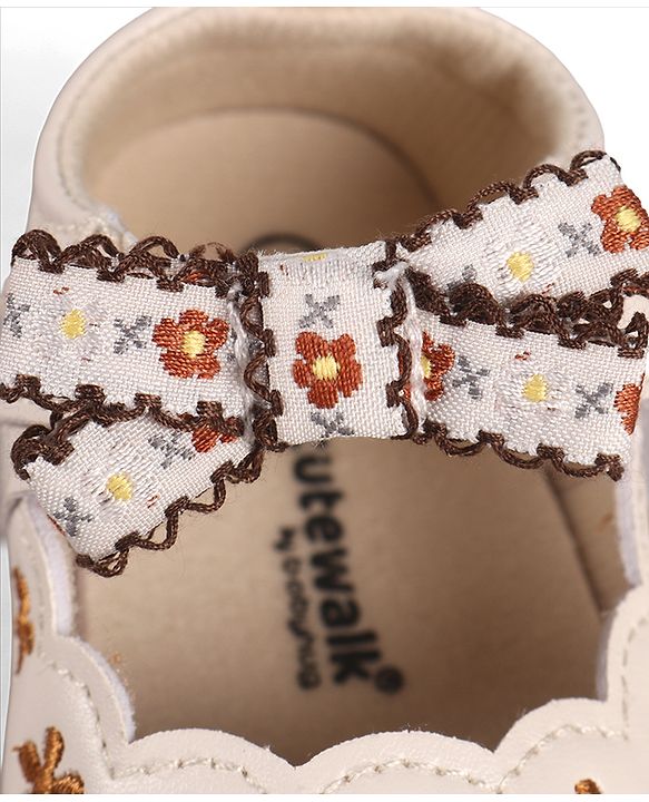 Cute Walk by Babyhug Velcro Closure Booties with Floral Embroidery & Bow Applique - Peach