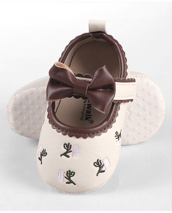 Cute Walk by Babyhug Velcro Closure Booties with Floral Embroidery & Bow Applique - White
