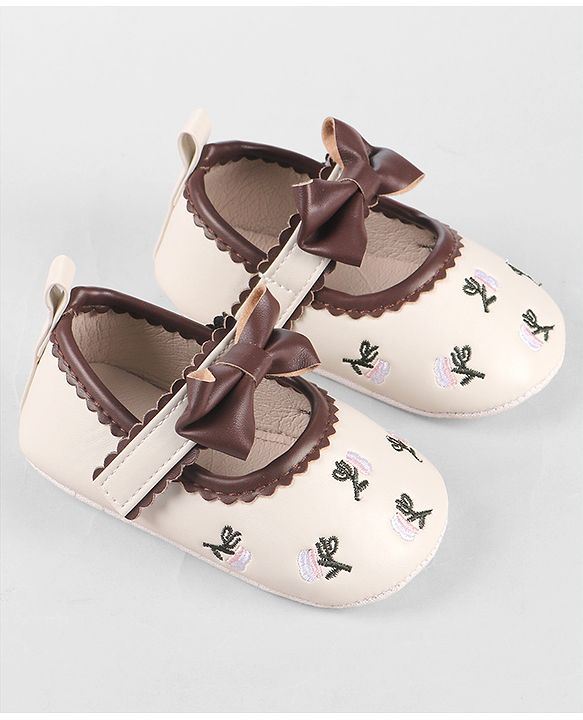 Cute Walk by Babyhug Velcro Closure Booties with Floral Embroidery & Bow Applique - White