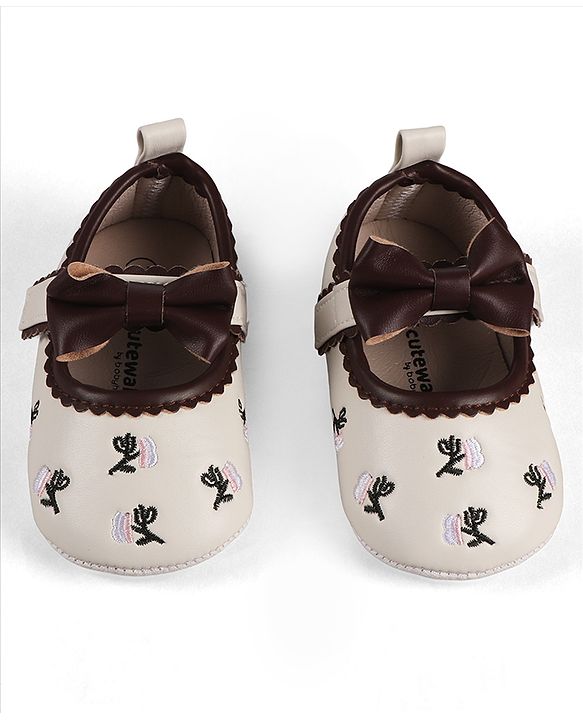 Cute Walk by Babyhug Velcro Closure Booties with Floral Embroidery & Bow Applique - White