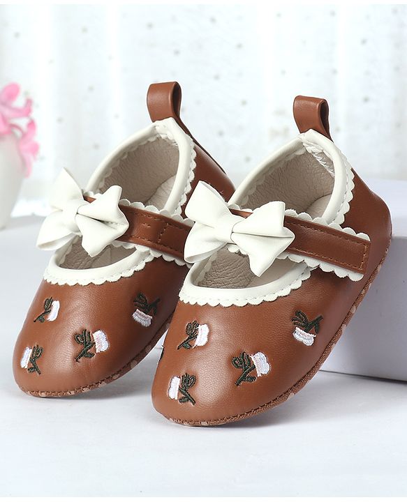 Cute Walk by Babyhug Velcro Closure Booties with Floral Embroidery & Bow Applique - White