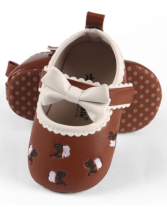 Cute Walk by Babyhug Velcro Closure Booties with Floral Embroidery & Bow Applique - White