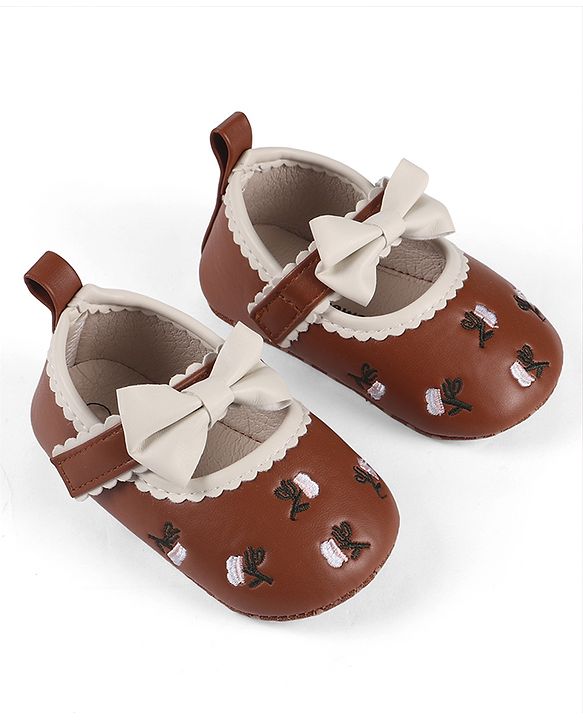 Cute Walk by Babyhug Velcro Closure Booties with Floral Embroidery & Bow Applique - White